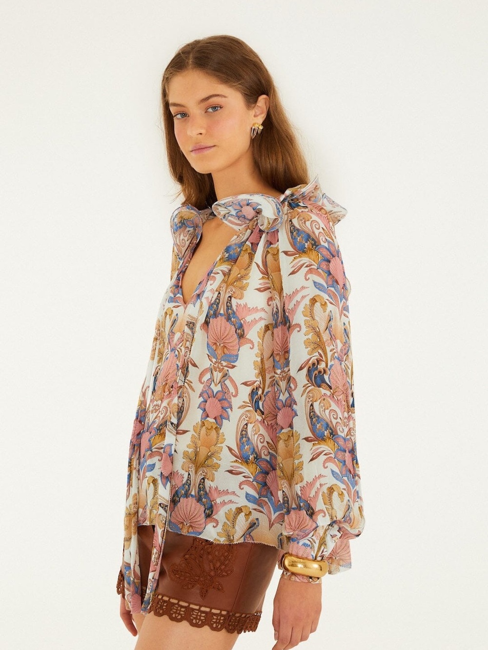 FARM RIO-Off-White Sea Garden Ruffled Long Sleeve Blouse